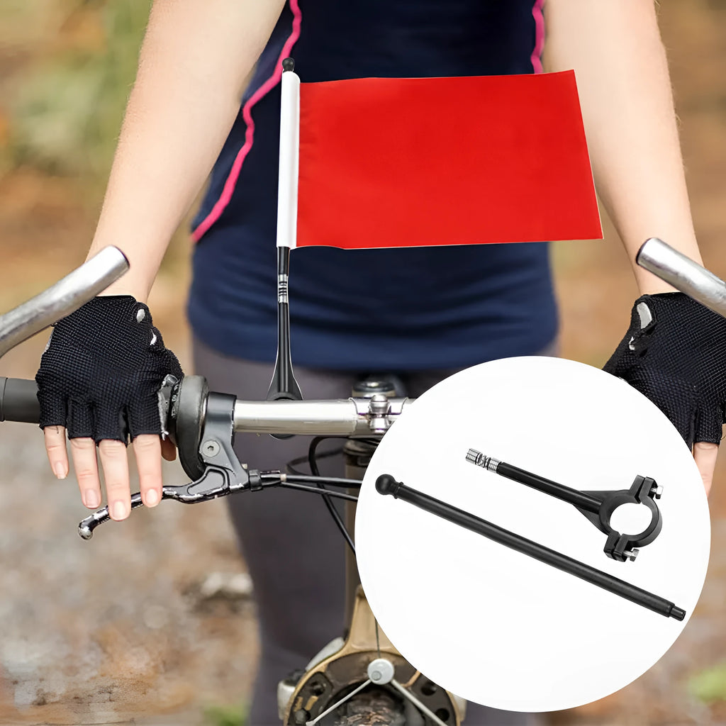 Cycling handlebar flag pole with square polyester flag mounted on bicycle