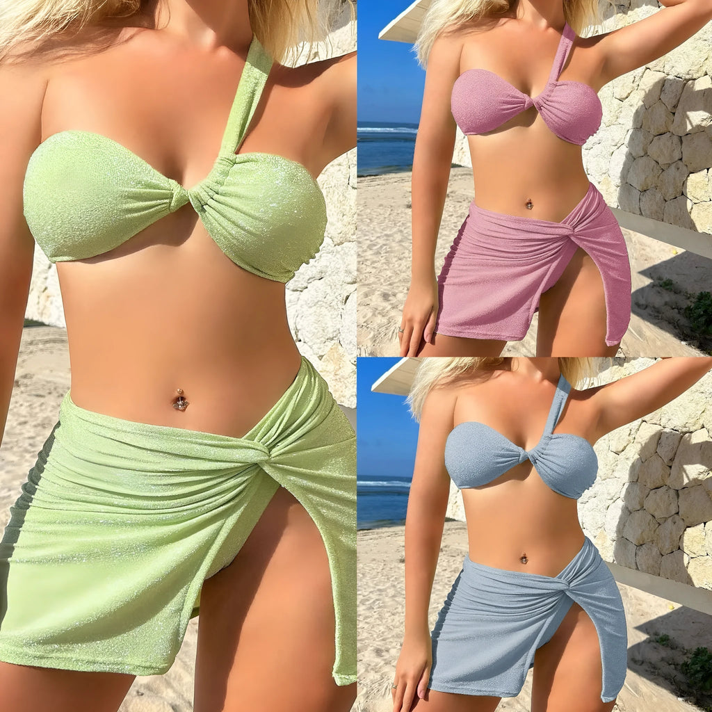 Women's one-shoulder tube top three piece swimsuit set in light green, sky blue or pink