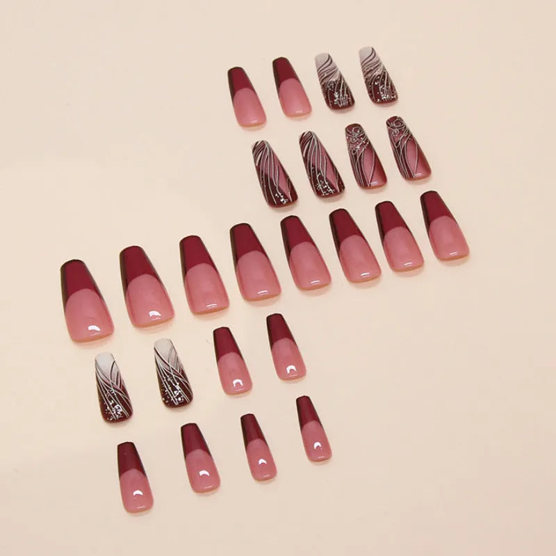 French line pattern removable fake nail stickers with 24 patches and adhesive glue