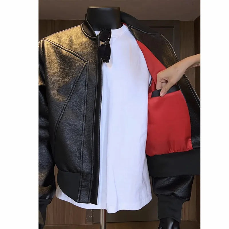 Black PU leather motorcycle jacket with litchi texture and 100cm extended length