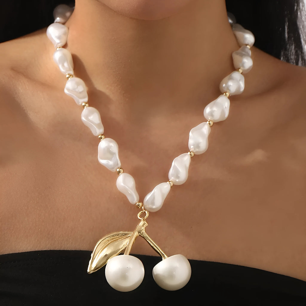 Women's adjustable cherry fruit necklace with pearl chain in gold or white K finish