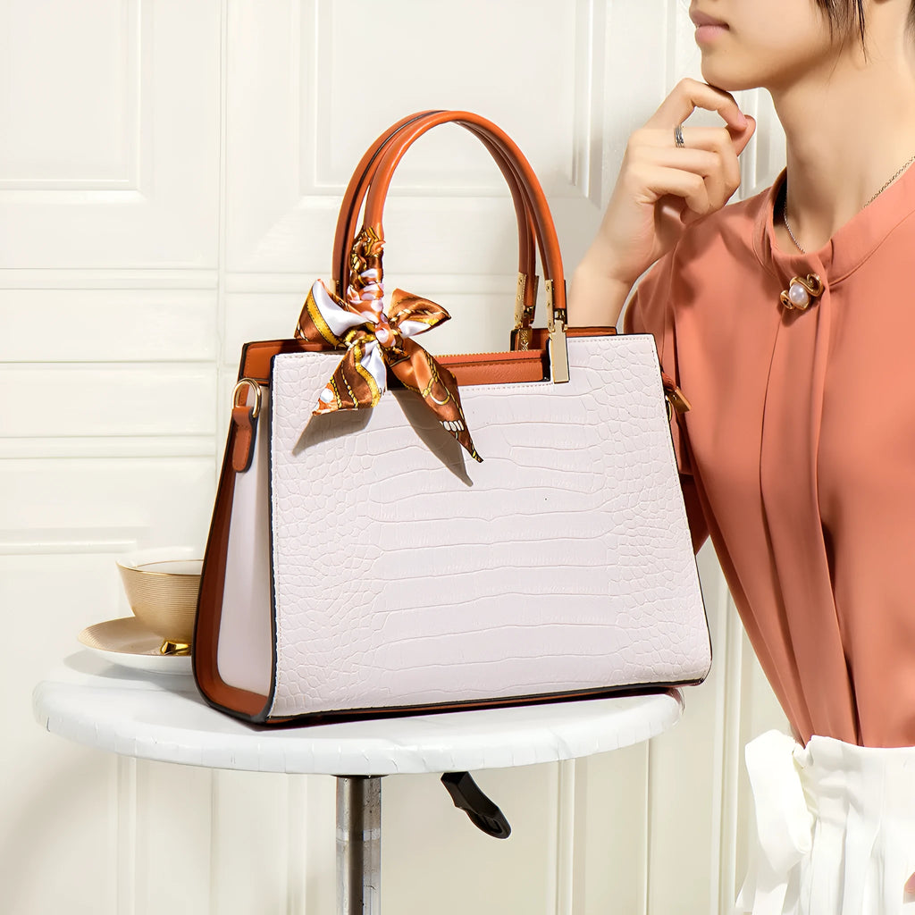 Milky white women's PU leather shoulder handbag with horizontal square shape and sewing line details