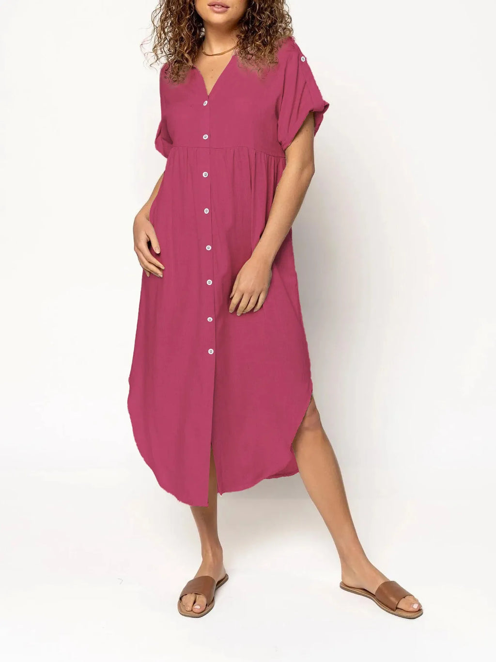 Casual button-front mid-length dress in solid colour with loose fit and regular sleeves
