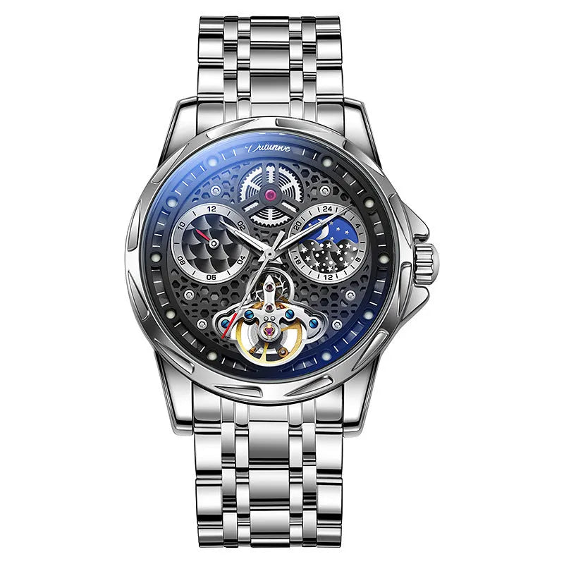 Men's waterproof automatic watch with luminous hands on a steel bracelet and black dial.