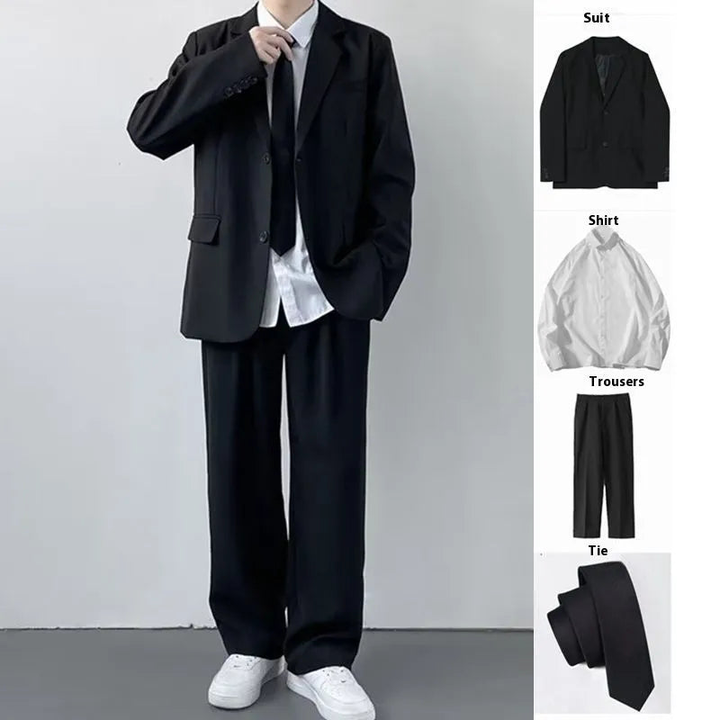 Plus size men's college style suit jacket set with trousers, white shirt and tie in loose fit