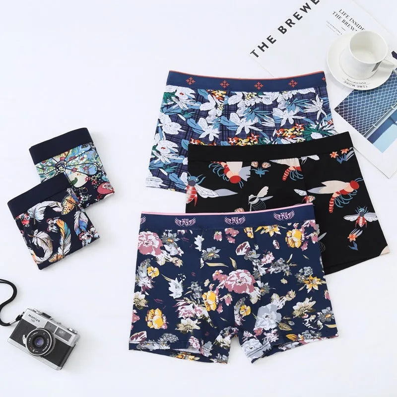 Men's cotton boxer briefs with U-shaped pouch design in floral patterns showing extended size options