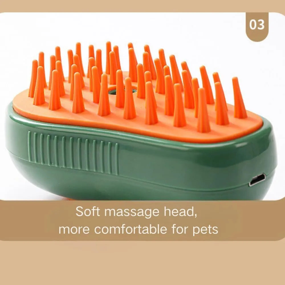 Green cat steam brush with water spray function and silicone teeth for pet grooming