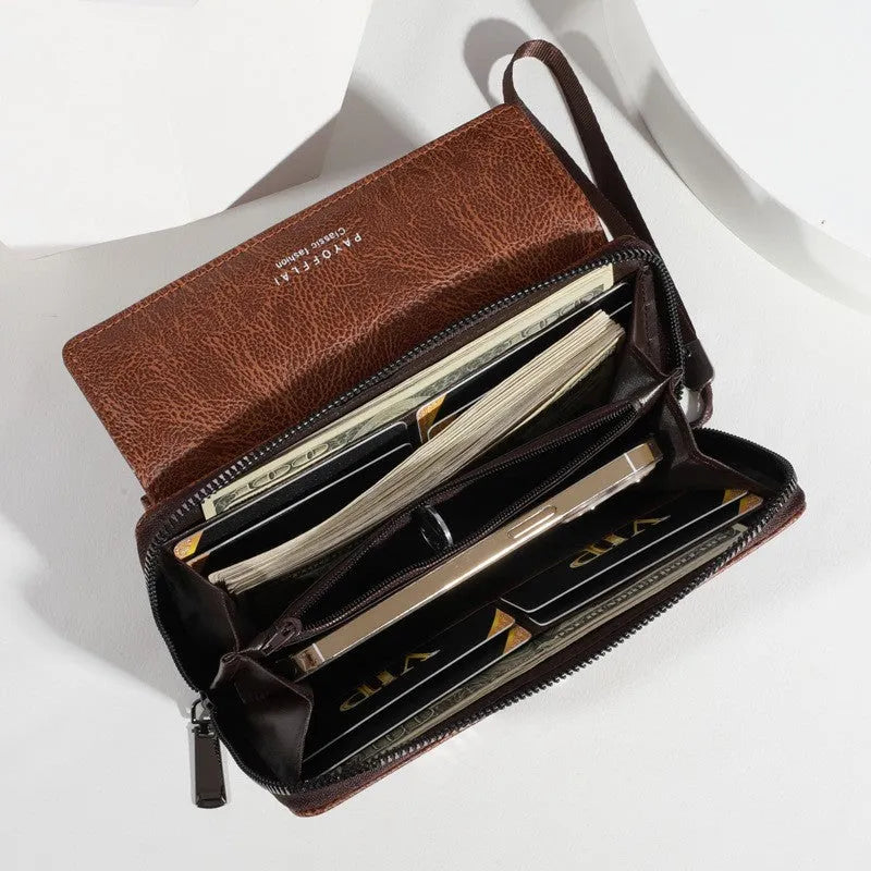 Men's long black PU leather wallet showing multiple card slots, laid flat to show 19cm length