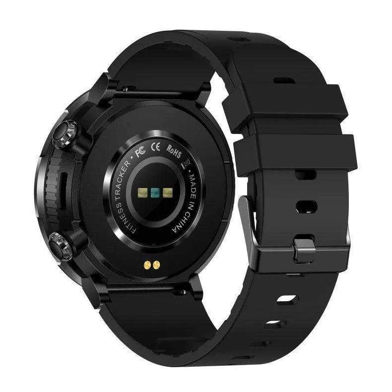 Black T30 Smart Watch with 52mm IPS screen showing Bluetooth calling interface and silicone strap