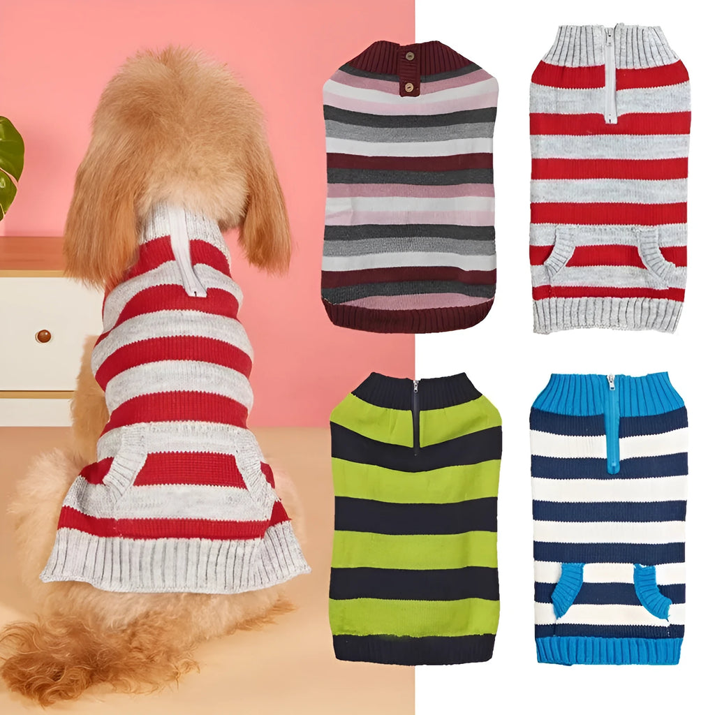 Grey acrylic dog sweater with horizontal front zipper and button pockets for small to medium breeds
