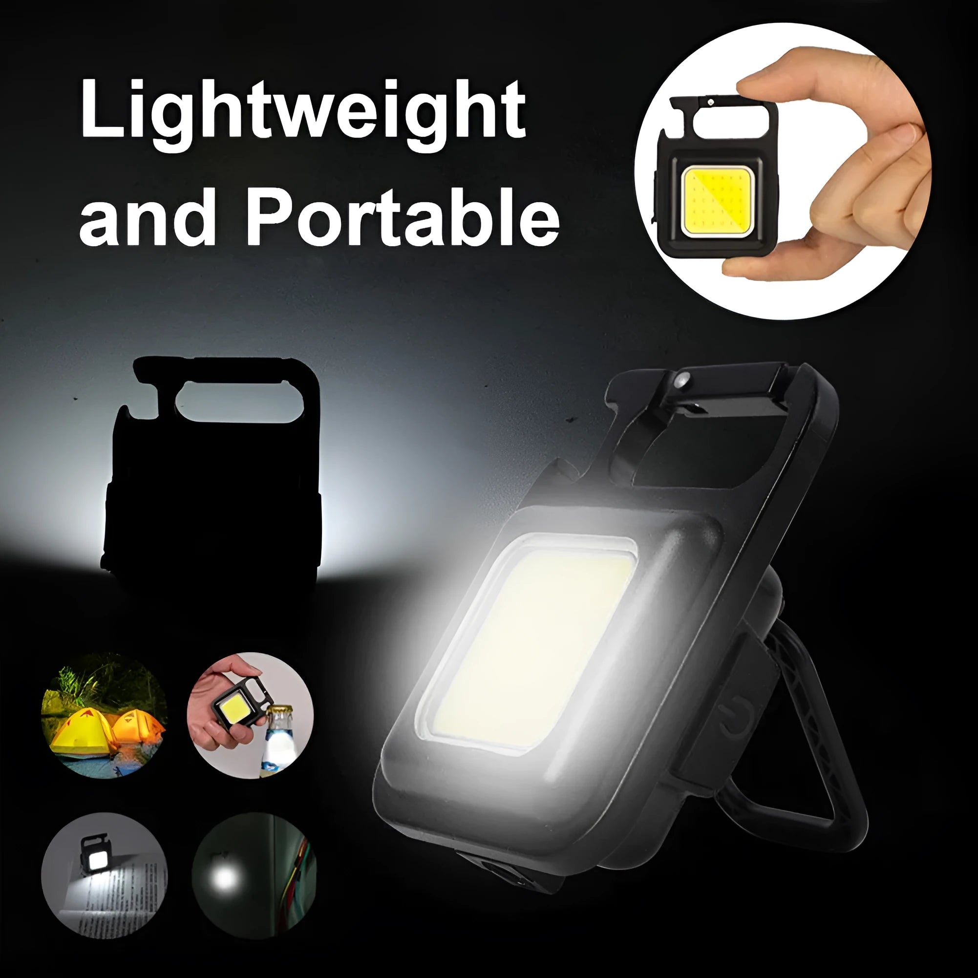 Black aluminum alloy USB rechargeable keychain light with magnetic base and foldable handle