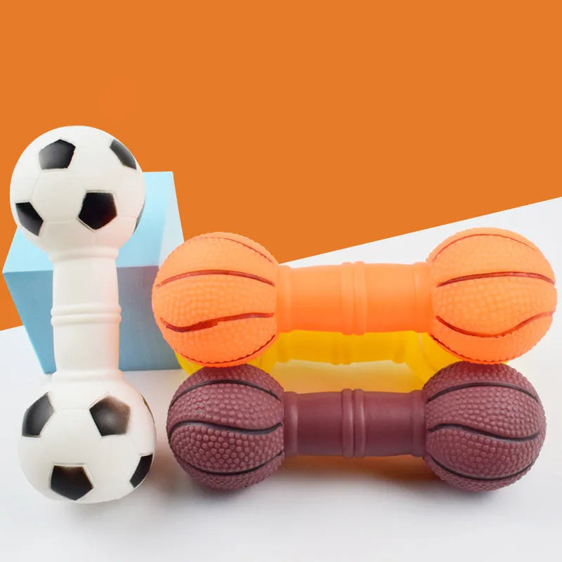 PVC football dumbbell shaped squeaky dog toy in four colour options