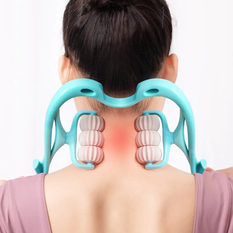Blue plastic six-wheel massage roller for shoulders, neck and waist