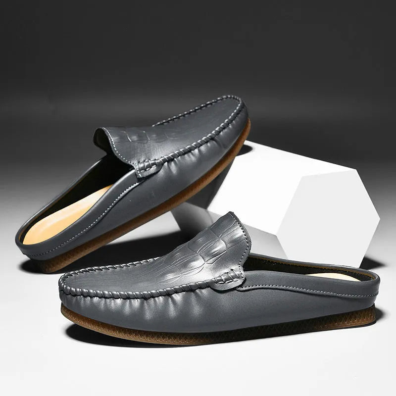 Men's black summer semi-slippers with breathable artificial PU upper and rubber sole