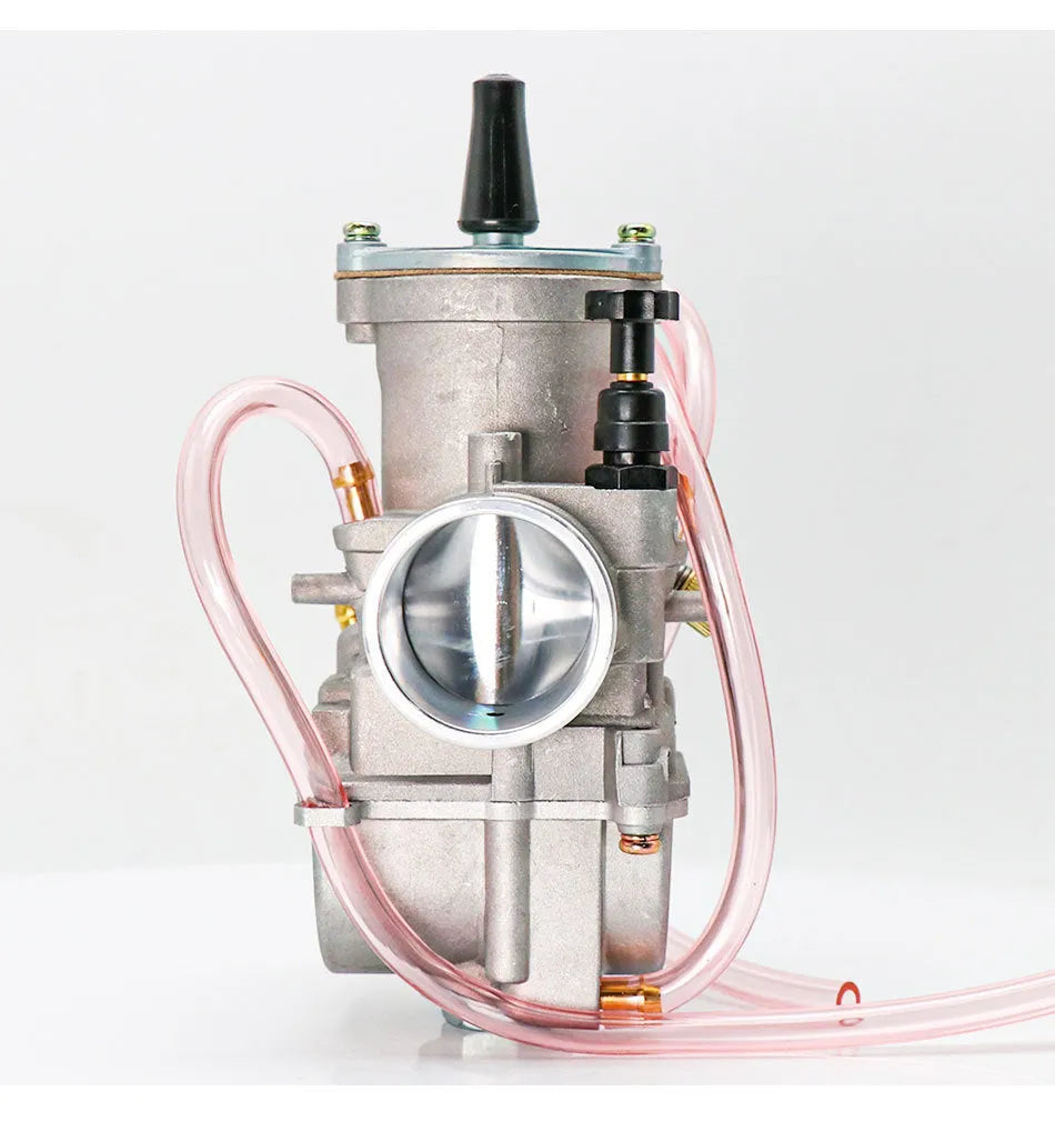 Sandblasted PWK motorcycle carburetor kit with seven bore size options from 21mm to 34mm.