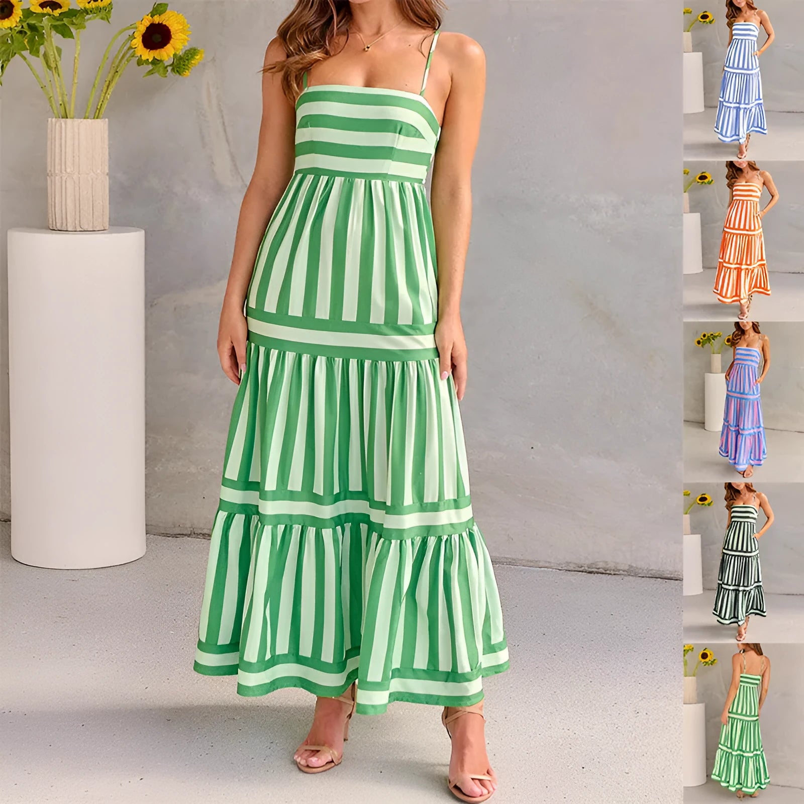 Women's striped long summer dress with square neck, backless suspender straps, and side pockets.