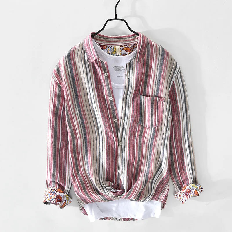 Men's grey striped linen shirt with long sleeves loose fit casual wear