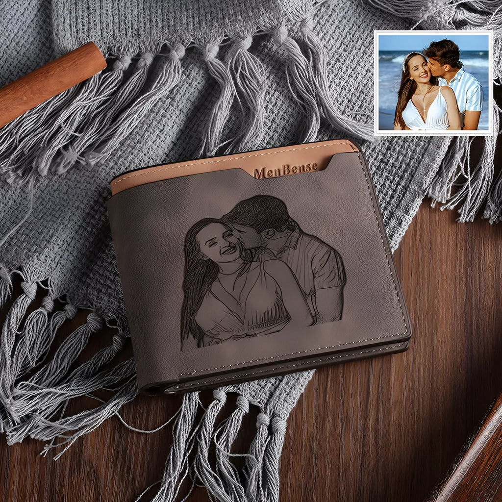 Coffee coloured engraved PU leather short wallet showing personalised photo engraving, front view.