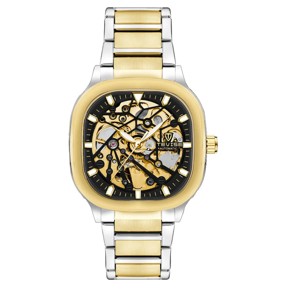 Men's square automatic watch with luminous markers and stainless steel strap in blue colour