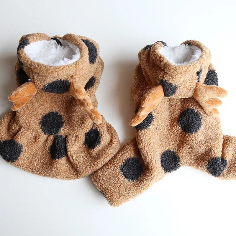 Polka dot pet dog or cat clothing with elk couple design, shown in skirt and four-leg style options.