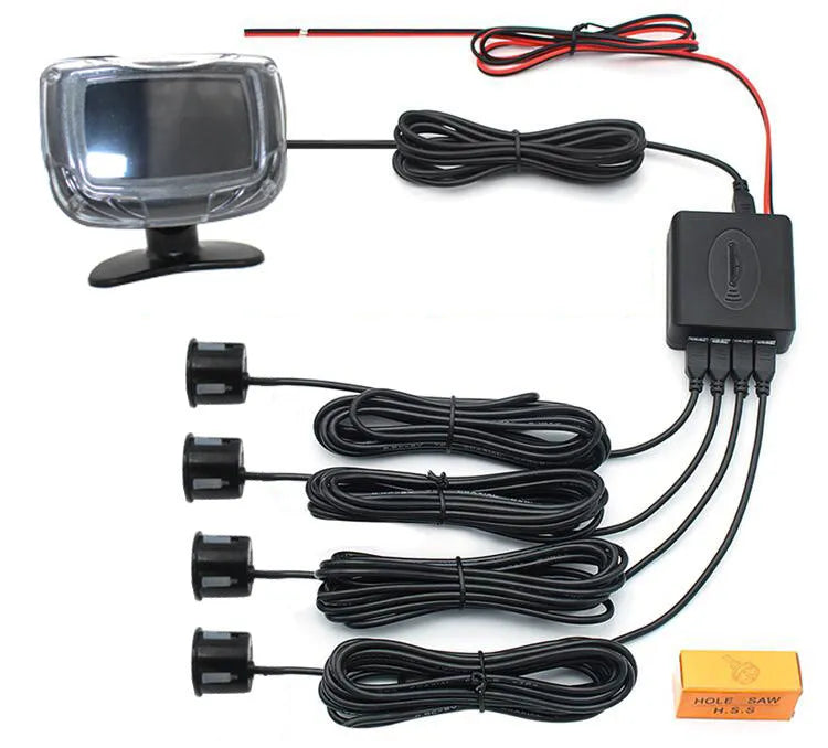 Wireless reversing sensor system with main unit, four probes, digital display, and installation accessories