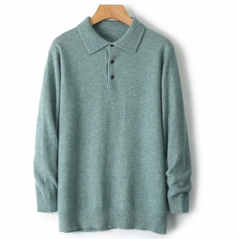 Men's grey wool pullover sweater with a polo collar, laid flat.