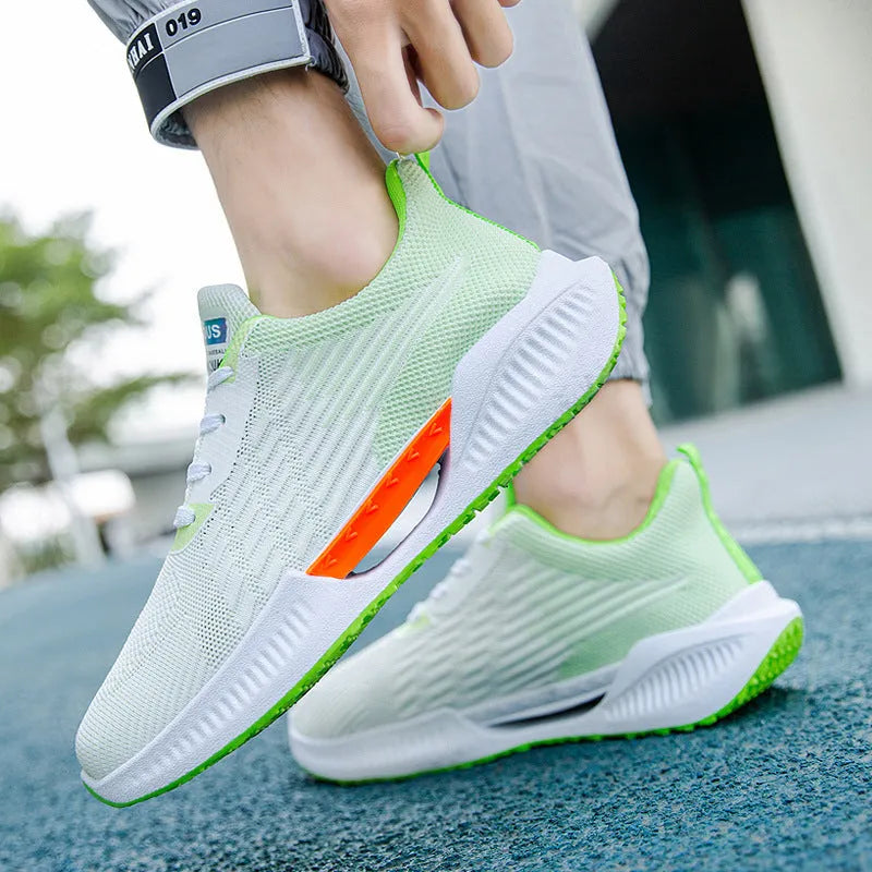 Men's blue breathable mesh casual shoes with round toe and plastic sole on a white background.
