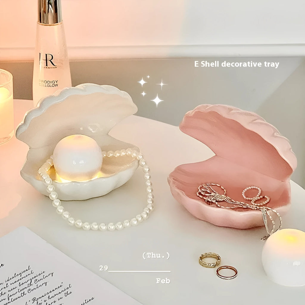 Yellow porcelain decorative storage tray with optional small night lamp, white and pink shell options