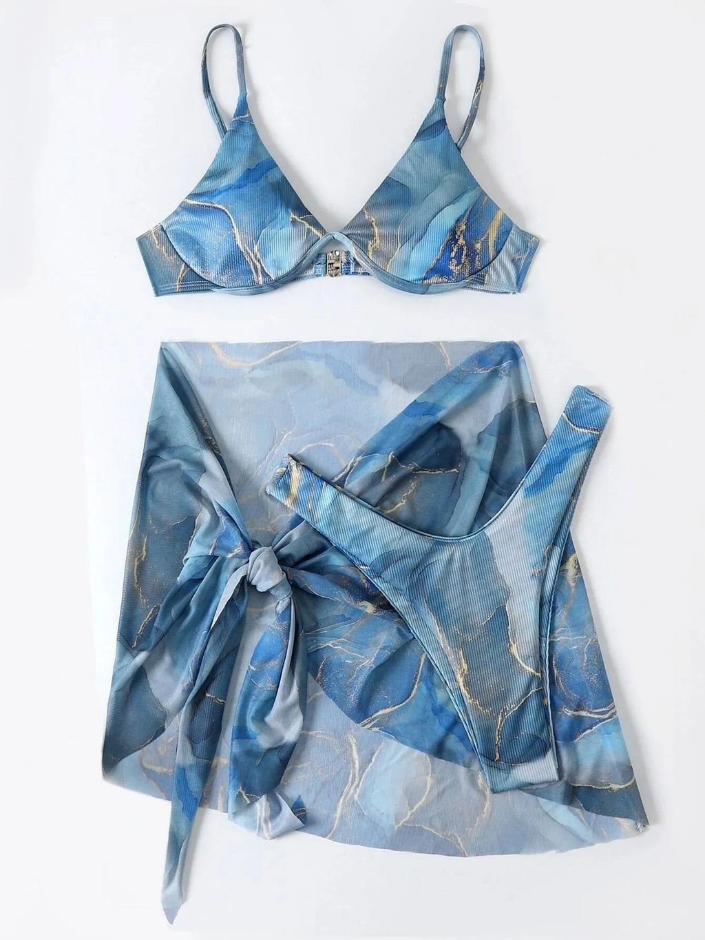Marble printed three-piece bikini swimwear set showing skirt, bra and panties in six colour options
