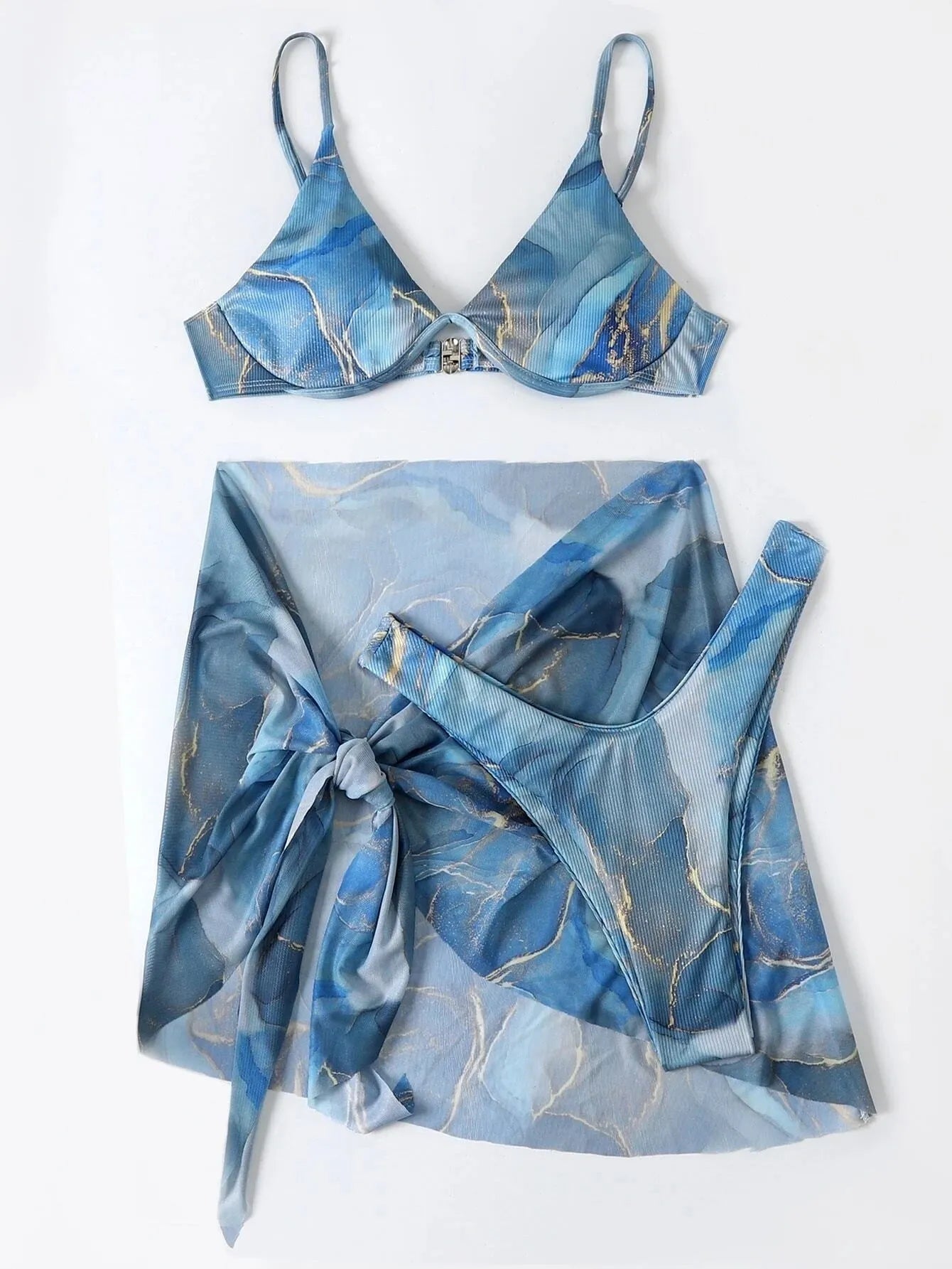 Marble printed three-piece bikini swimwear set showing skirt, bra and panties in six colour options