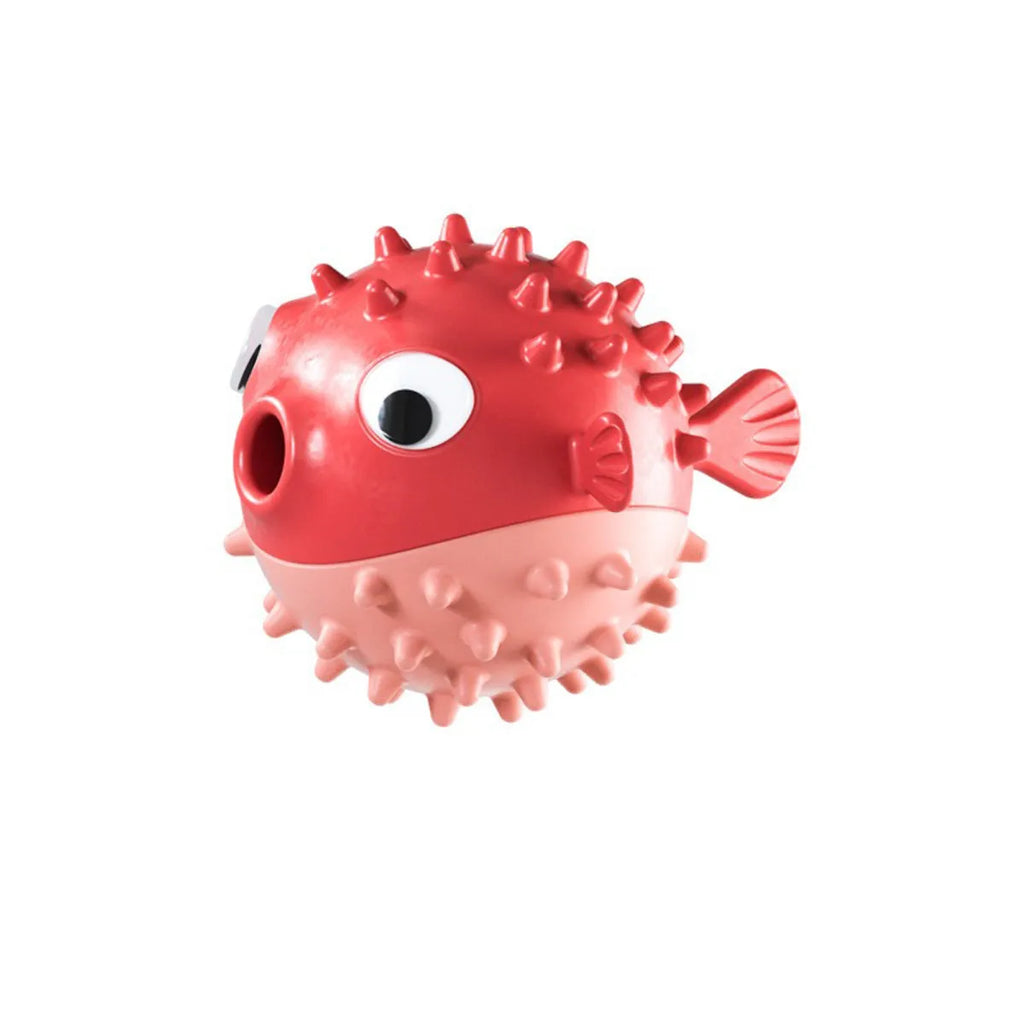 Yellow fish shaped vinyl dog chew toy with textured surface for teeth cleaning