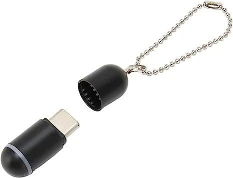 Small black capsule infrared remote control emitter for smartphone with Lightning, Type-C, or Micro-USB connector