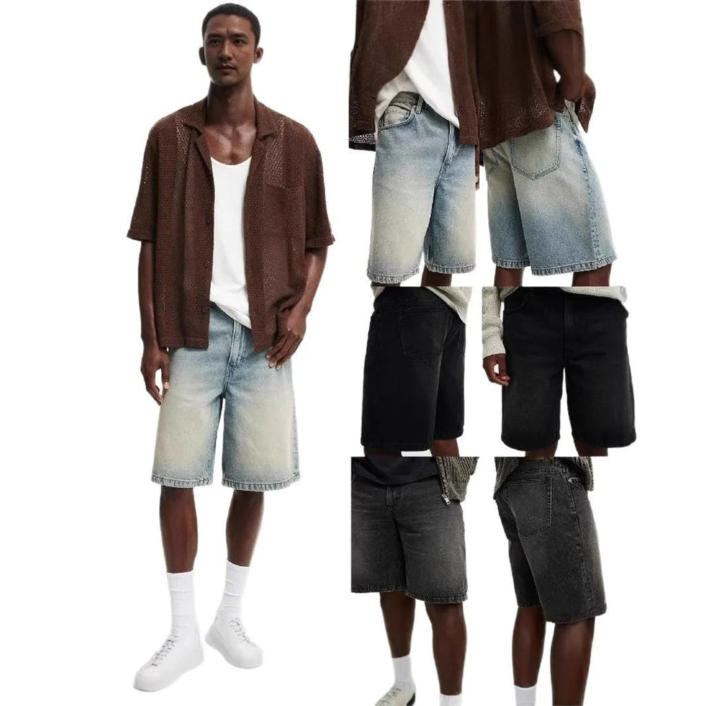 Men's loose straight-leg jeans in light blue, black, and grey denim