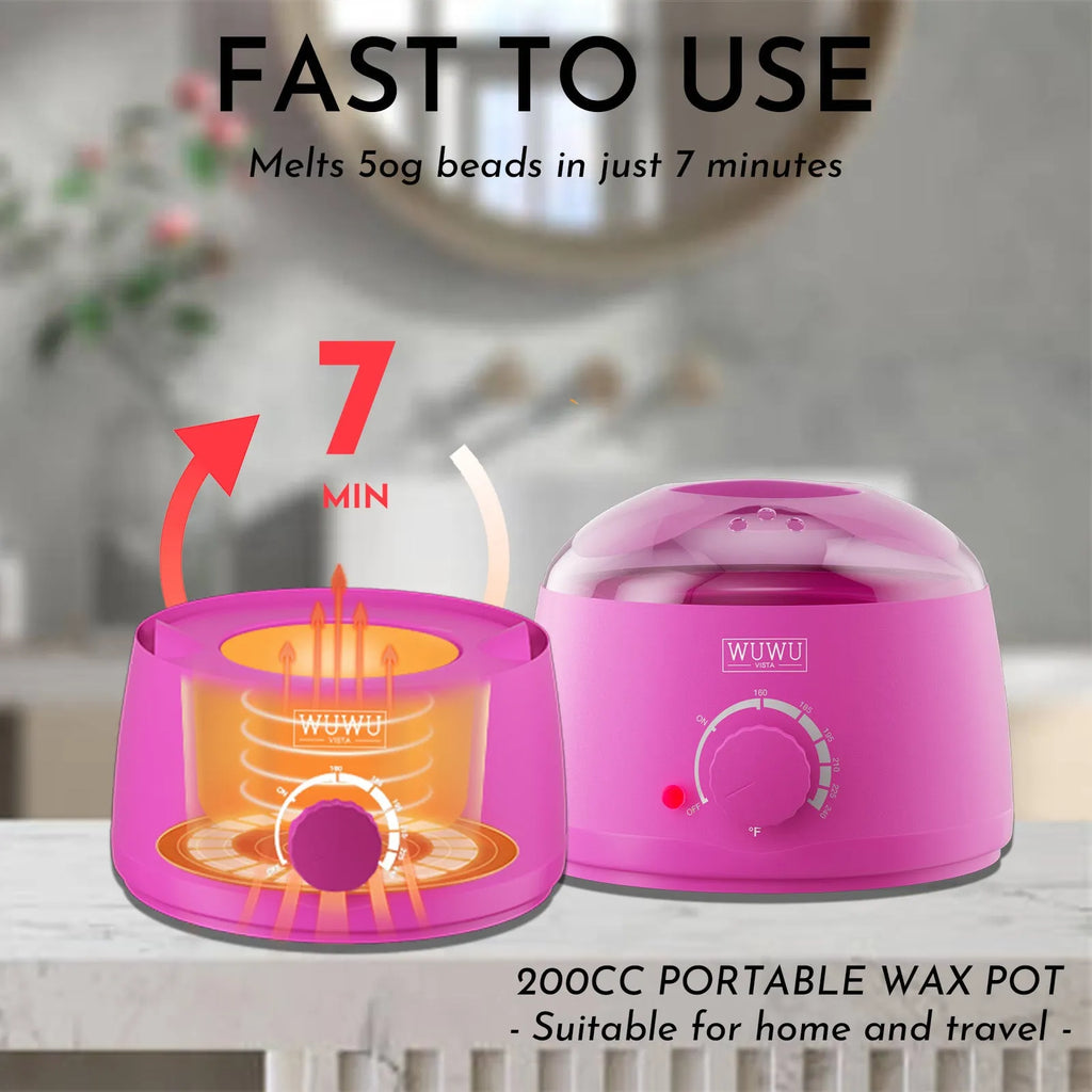 WUWUVISTA 63-piece waxing kit with black wax warmer, wax beads, applicator sticks, and silicone tools