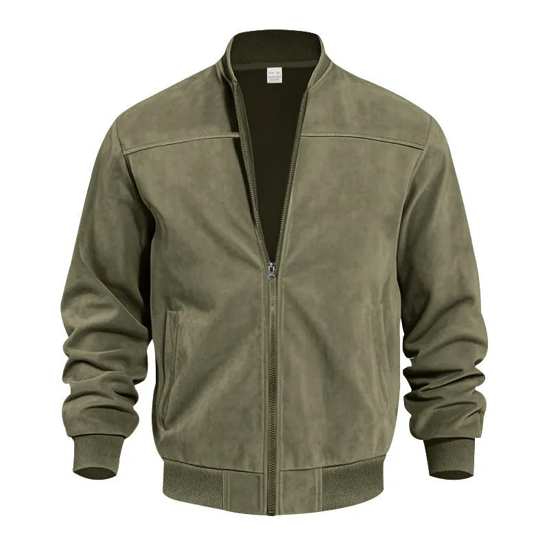 Men's plus size suede zip-front jacket in army green on a hanger