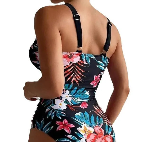 Women's floral backless one-piece swimsuit in polyester spandex blend with high elasticity