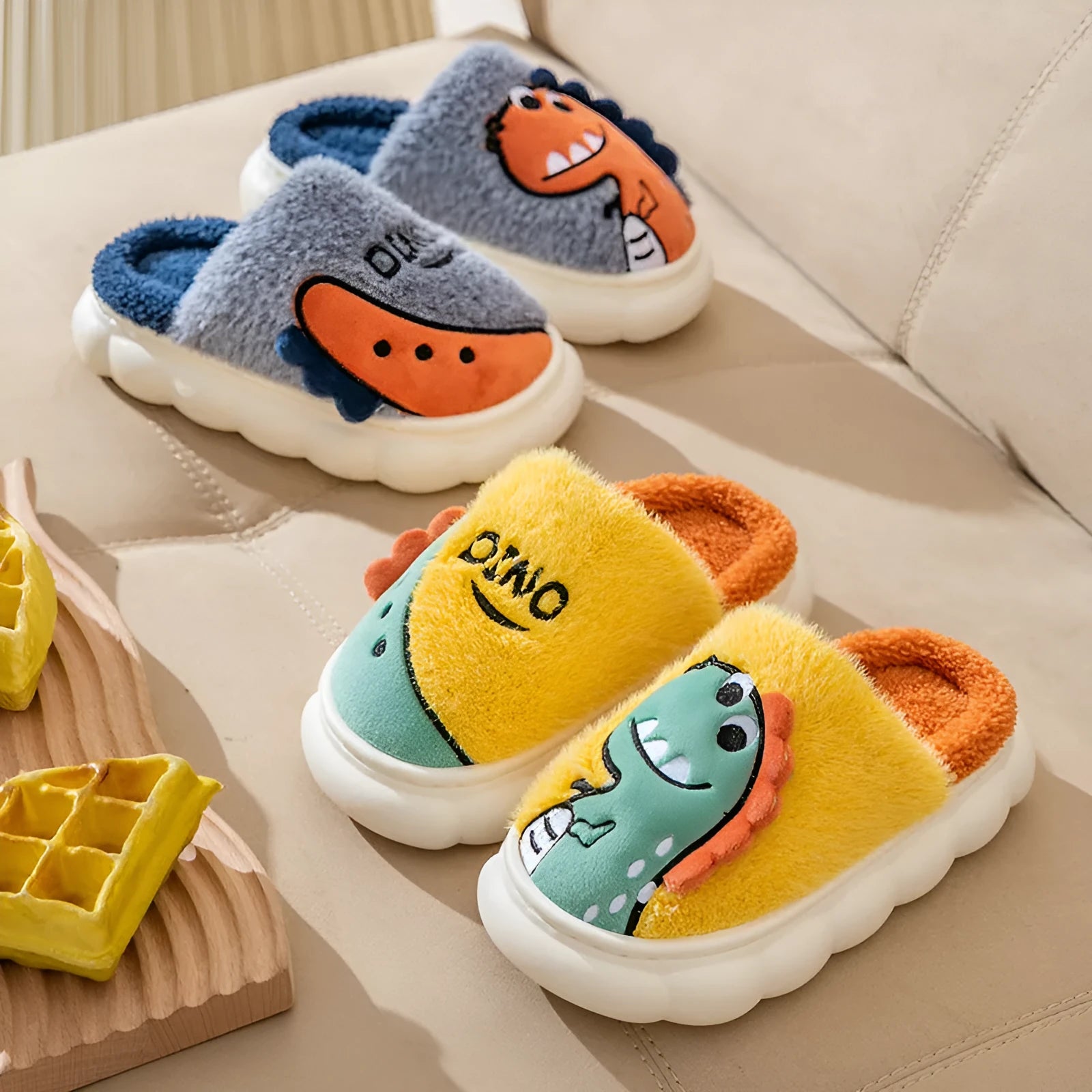 Cotton couple slippers with plush upper and dinosaur designs in three colour options