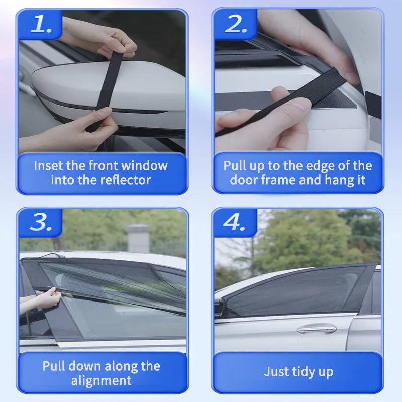 Four-piece car side window sunshades with mesh fabric for front and rear windows