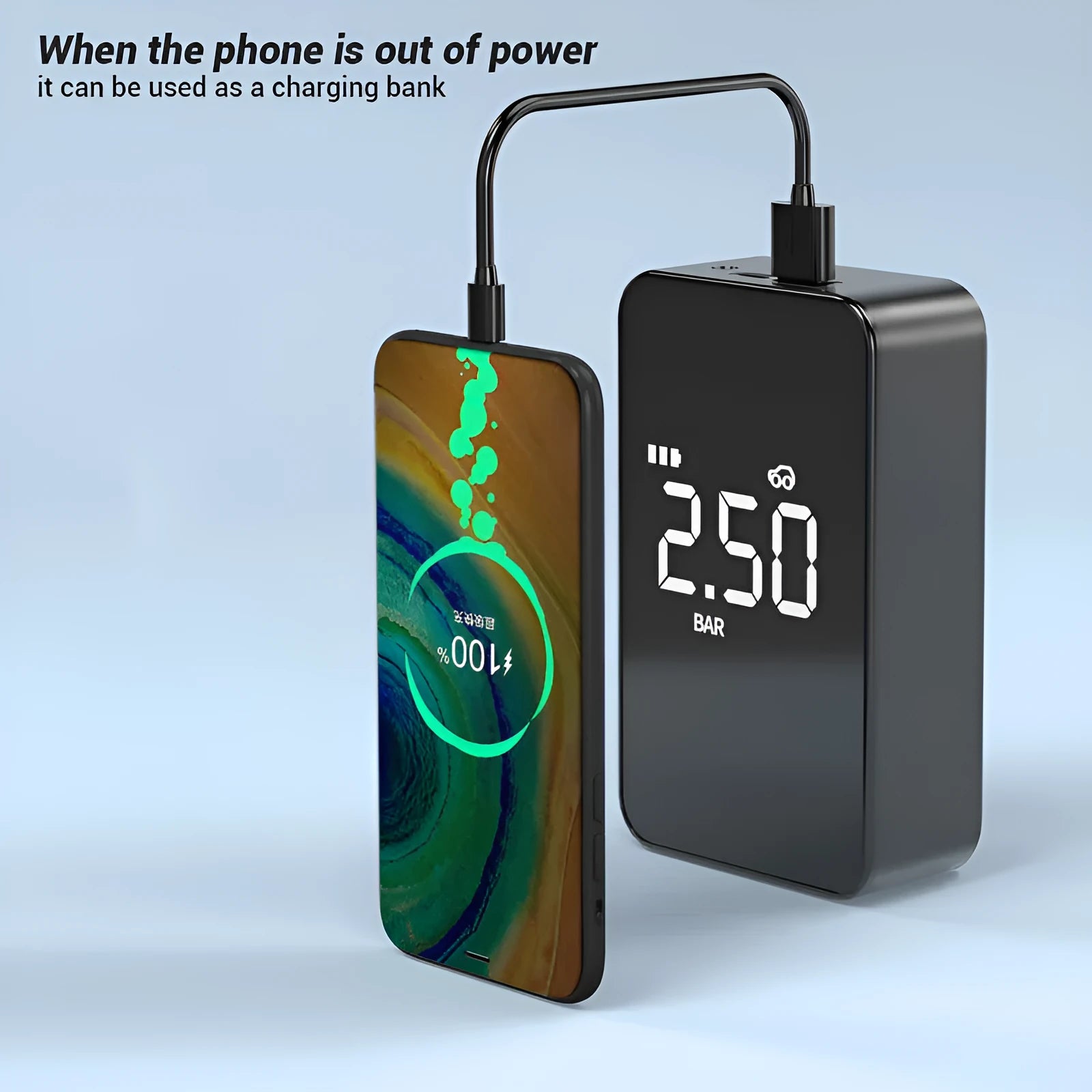 Wireless digital display tyre inflator pump with LED light showing pressure reading on screen