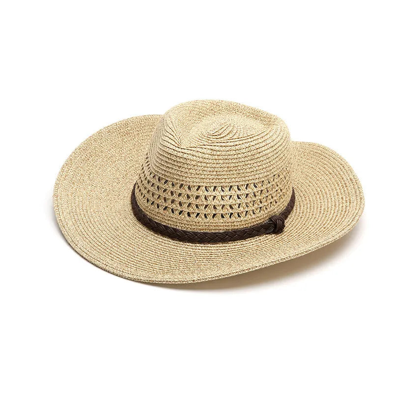 Men's foldable straw sun hat with a wide brim shown in a beige colour.