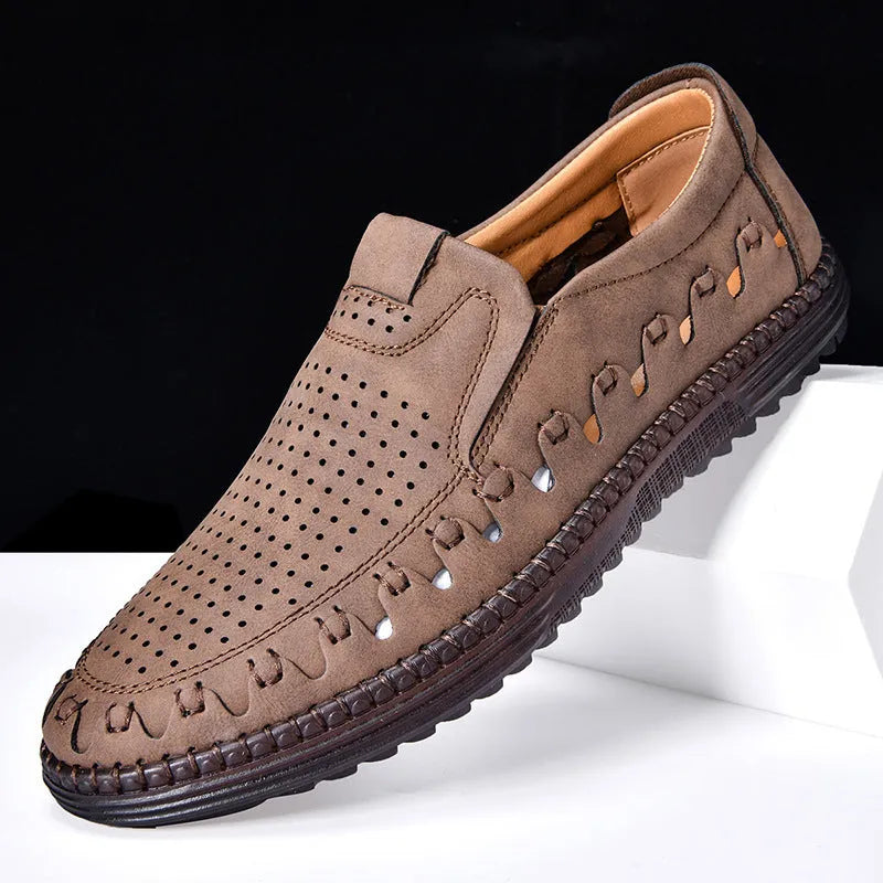 Men's brown handmade slip-on casual leather shoes with round toe and flat PVC sole