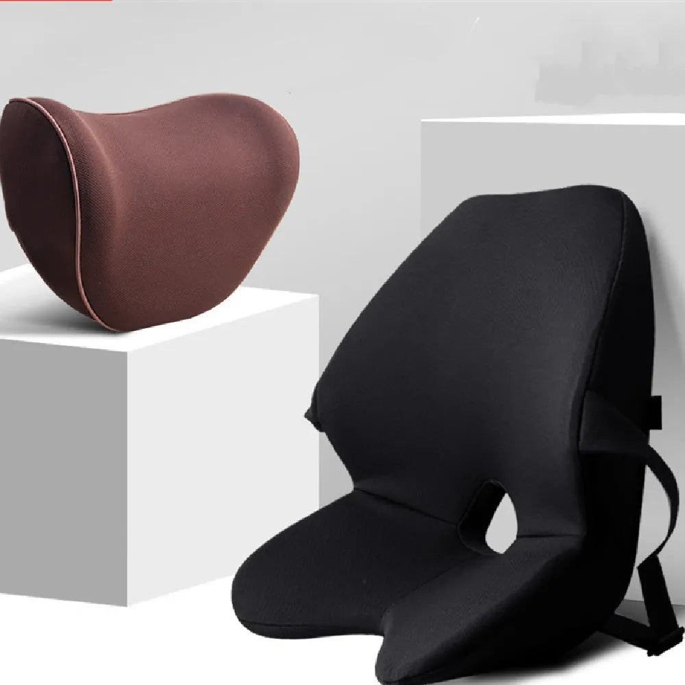 Memory cotton car waist pad and headrest unit in beige colour on a car seat.