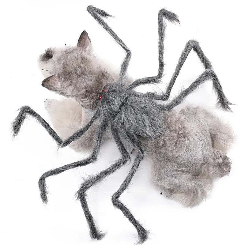 Grey, brown, and black and purple spider Halloween costume for a dog or cat on a mannequin.