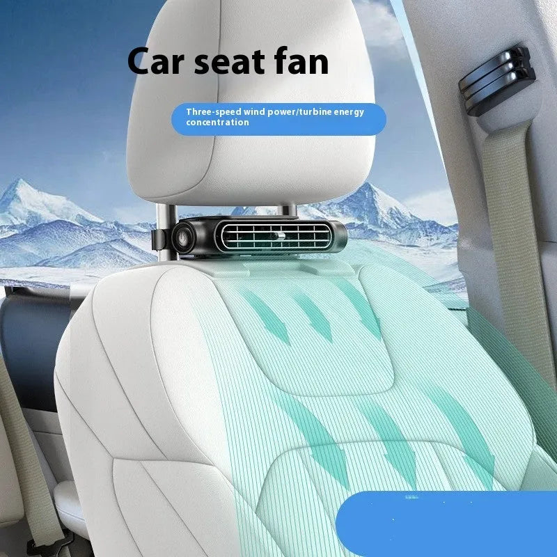 USB car fan with seat mounting, brushless motor, and three-speed control in black, white, or beige