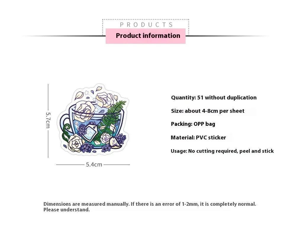 Pack of colourful tea cup graffiti design waterproof stickers for DIY scooter and luggage personalisation.