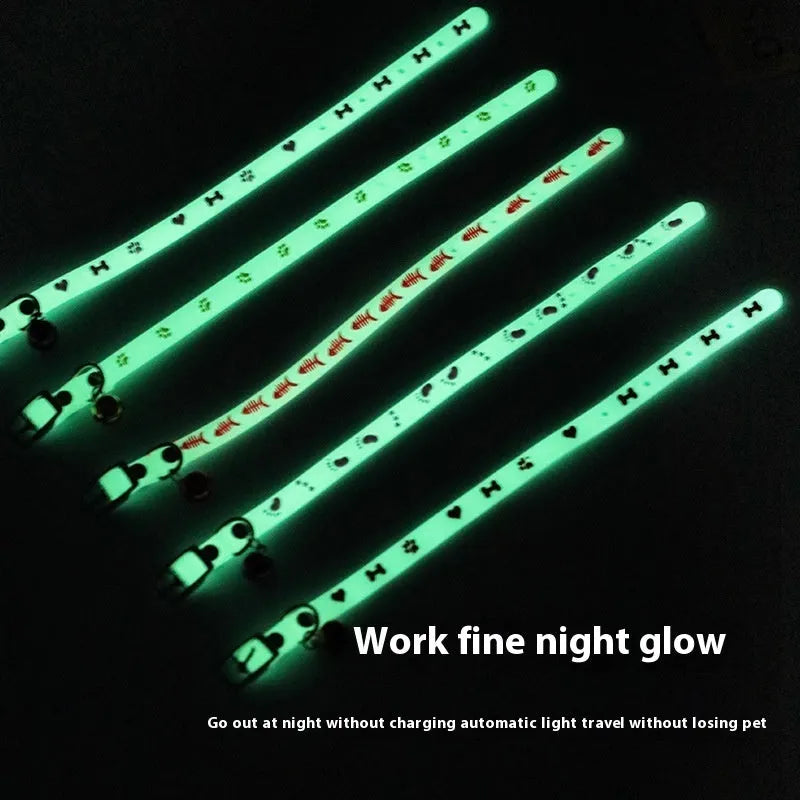 LED luminous cat collar with adjustable nylon rope and metal bell in paw print design