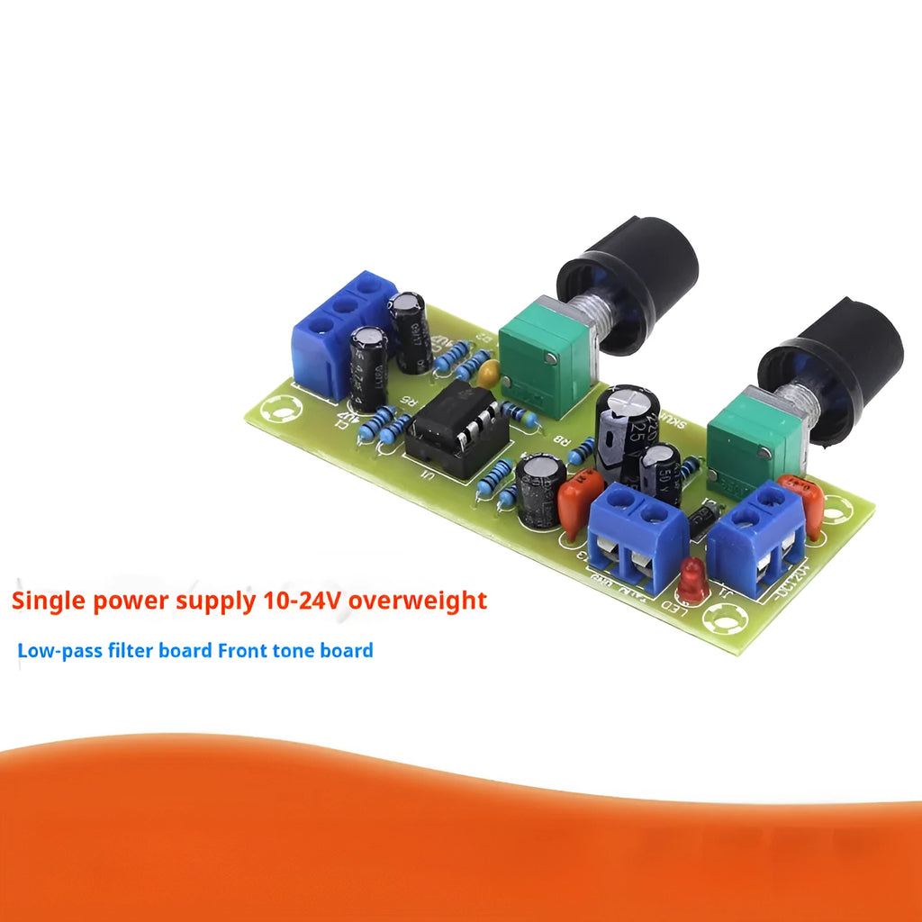 Single power supply 10-24V bass boost front stage audio board on FR-4 fiberglass PCB
