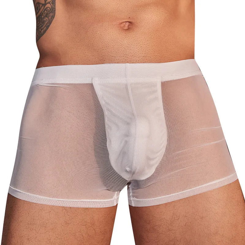 A pair of black men's nylon boxer briefs laid flat, showing their ultra-thin design.