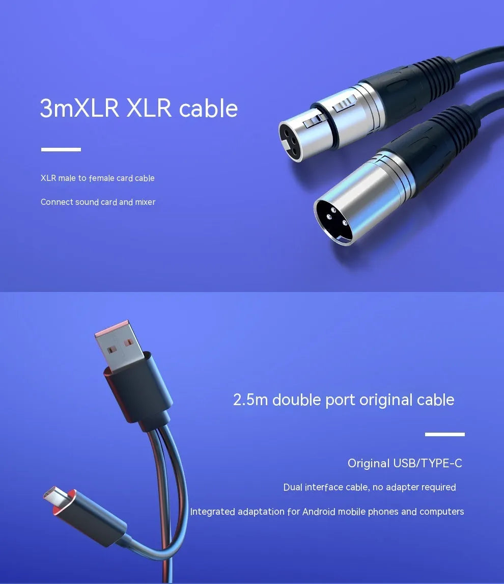 Dynamic noise reduction condenser microphone in black with XLR and USB-C cables on desk stand