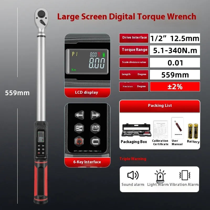 Electronic digital torque wrench with display showing torque measurement and chrome-vanadium steel construction